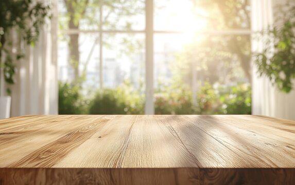Fototapeta Sunny wooden table against blurred window view.