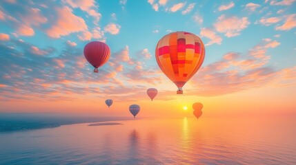 Fototapeta premium Hot air balloons soar above sunset ocean.