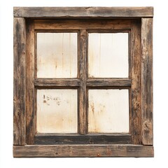 Rustic wooden window frame with four panes of glass, showing age and wear.