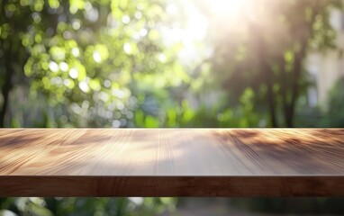 Sunny wooden table top with blurred green nature background.