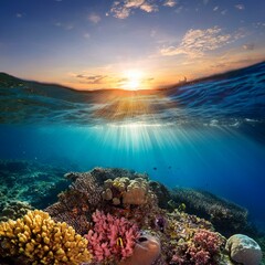 Obraz premium Generated image A coral reef at sunset, with the last rays of sunlight