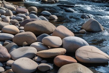 collection of smooth river stones in various sizes, which have a polished surface, scattered on the bottom of a shallow river 