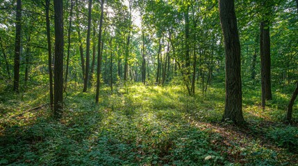 Obraz premium A pristine forest environment with sunlight filtering through the trees, highlighting the beauty of nature and wildlife.