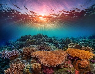Obraz premium Generated image A coral reef at sunset, with the last rays of sunlight