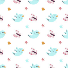 Spring vector pattern of birds and flowers on a white background. The birds are blue and have a checkered hat on their head. The flowers are pink and yellow. Scene is cheerful and playful