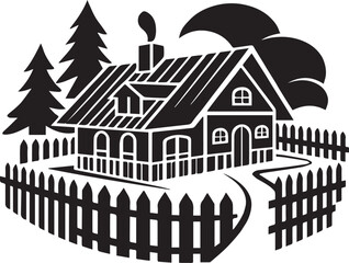 Fototapeta premium A black and white illustration of a house icon with a chimney and a slanted roof. The house is surrounded by a fence and has a path leading to it. There are trees in the background. The overall image 