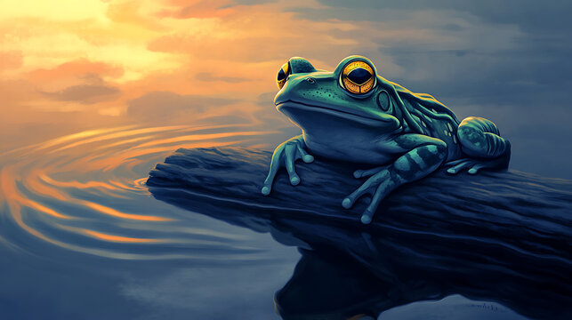 American bullfrog with striking golden eyes, perched on a log partially submerged in water, with soft ripples 