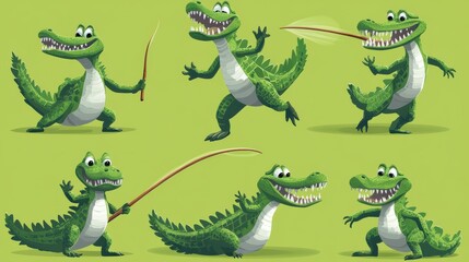 Cartoon crocodile characters. Cute wild crocodiles in humorous situations. Green animal from africa jumping, running, fishing. Nowaday childish vector set