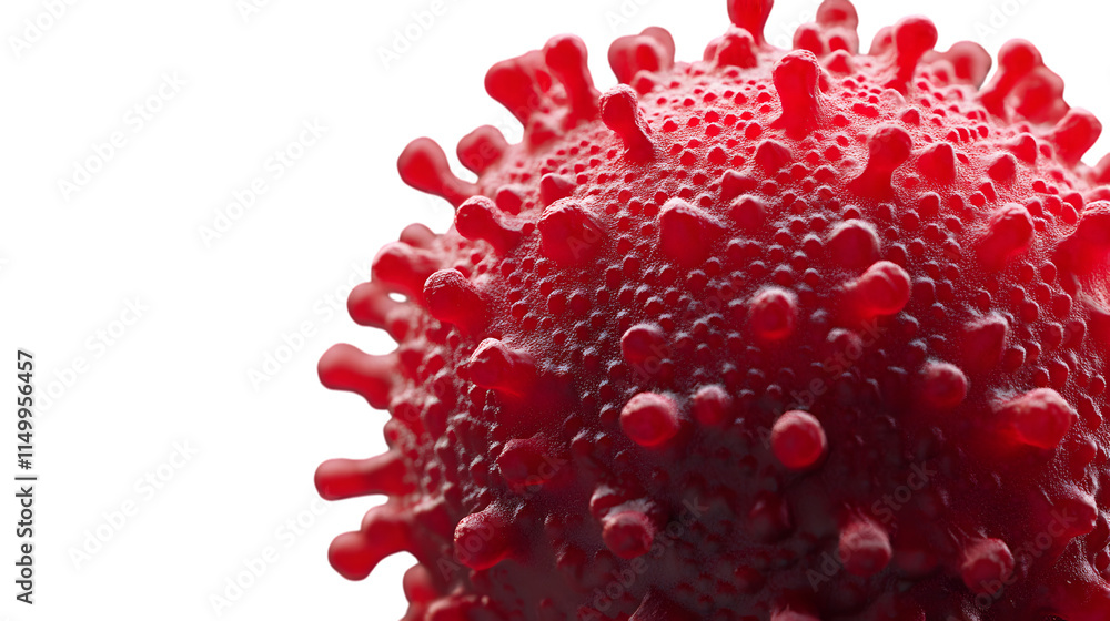 Poster 3d red virus featuring a textured surface and distinct projections, representing a detailed microsco