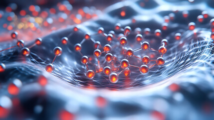 Molecular Network: Abstract representation of interconnected nodes and glowing spheres, evoking concepts of connection, technology, and scientific innovation.  