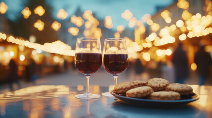 Obraz premium On a cold December night at a Christmas market, two glasses of hot mulled wine, infused with aromatic spices, sit next to a plate of homemade cookies. The soft glow of festive ligh