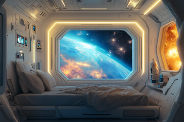 Futuristic Spaceship Bedroom with Earth and Nebula Views: A Tranquil Space Odyssey