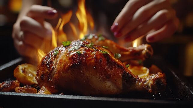Close up of woman hands clicking picture of food. Woman using smartphone for food photography. Close up of female hands taking photo of roasted chiken with smart phone.