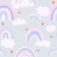 Cute seamless pattern of pastel rainbow with clouds and hearts on light gray background