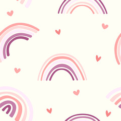 Colorful pink toned rainbow seamless pattern with little hearts on pastel yellow background