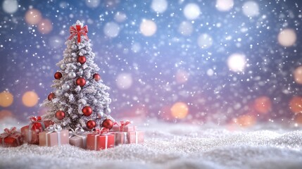 Snowy Christmas scene with decorated tree and gifts.