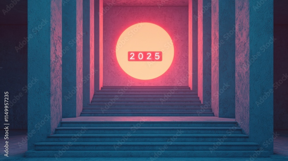 Aufkleber 2025 goal setting planning and objectives. futuristic corridor with a glowing sun and a digital cloc