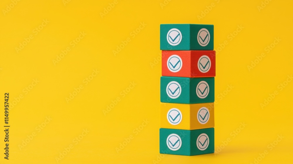 Poster 2025 goal setting planning and objectives. colorful building blocks with check marks on a yellow bac