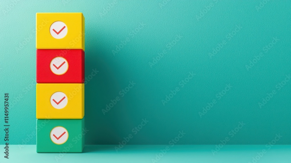 Poster 2025 goal setting planning and objectives. colorful stacked blocks with check marks against a teal b