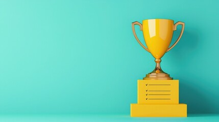 2025 goal setting planning and objectives. Yellow trophy on a bright turquoise background, symbolizing achievement.