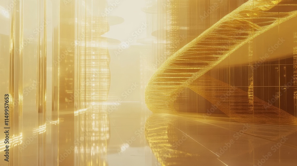 Poster a large golden helix structure winds through a futuristic, glowing corridor. the intricate design an