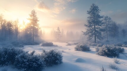 Fototapeta premium The serene winter park landscape captures pine trees and bushes cloaked in fresh snow under soft morning light. The ethereal fog and untouched snow create a peaceful, minimalist winter scene.