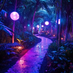 Obraz premium Enchanted Night Walk Illuminated Tropical Path