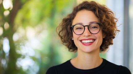 Obraz premium Cheerful woman Wearing dark glasses red lips open mouth look forward