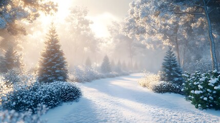 Fototapeta premium The serene winter park landscape captures pine trees and bushes cloaked in fresh snow under soft morning light. The ethereal fog and untouched snow create a peaceful, minimalist winter scene.