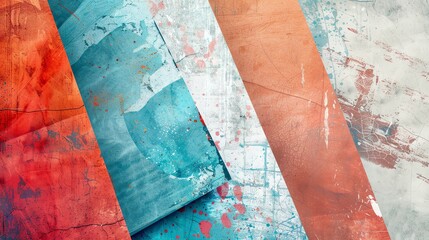 A textured abstract background with geometric shapes and various colors, including orange, blue, and white.
