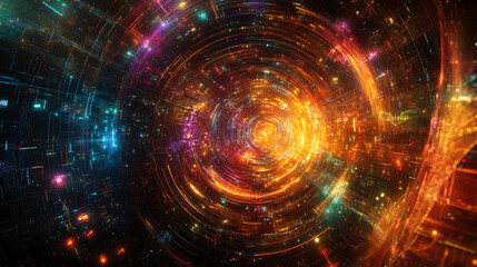 Obraz premium Cosmic Portal: Abstract digital art depicting a swirling vortex of vibrant, multicolored energy and light, creating a mesmerizing and otherworldly tunnel effect. Perfect for science fiction, fantasy.