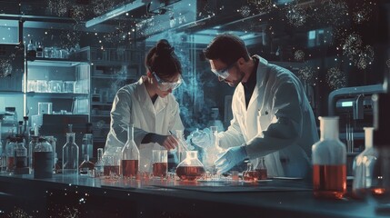 A male and a female scientist collaborate in a laboratory on a chemical experiment. They are surrounded by scientific equipment, glassware, and glowing liquids, symbolizing research and discovery.. AI