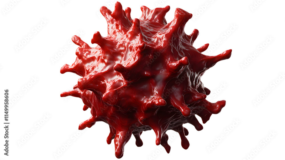Poster 3d red virus featuring a textured surface and distinct projections, representing a detailed microsco