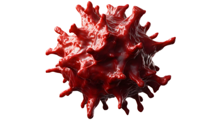 3D red virus featuring a textured surface and distinct projections, representing a detailed microscopic pathogen. Isolated on transparent background