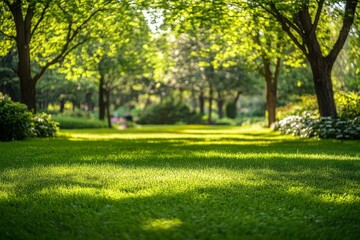 Lush green park with sunlit grass and trees.