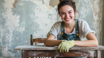 furniture renovation, diy and home improvement concept - happy smiling woman sanding old wooden table or chair with sponge