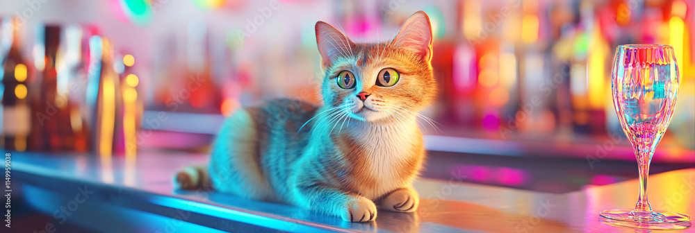 Poster a whimsical cat at a luxurious office bar, with colorful, abstract shapes representing the social dy