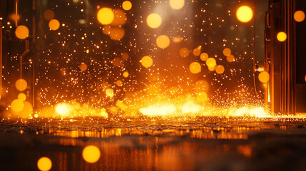 Glowing sparks and bokeh lights on dark background.