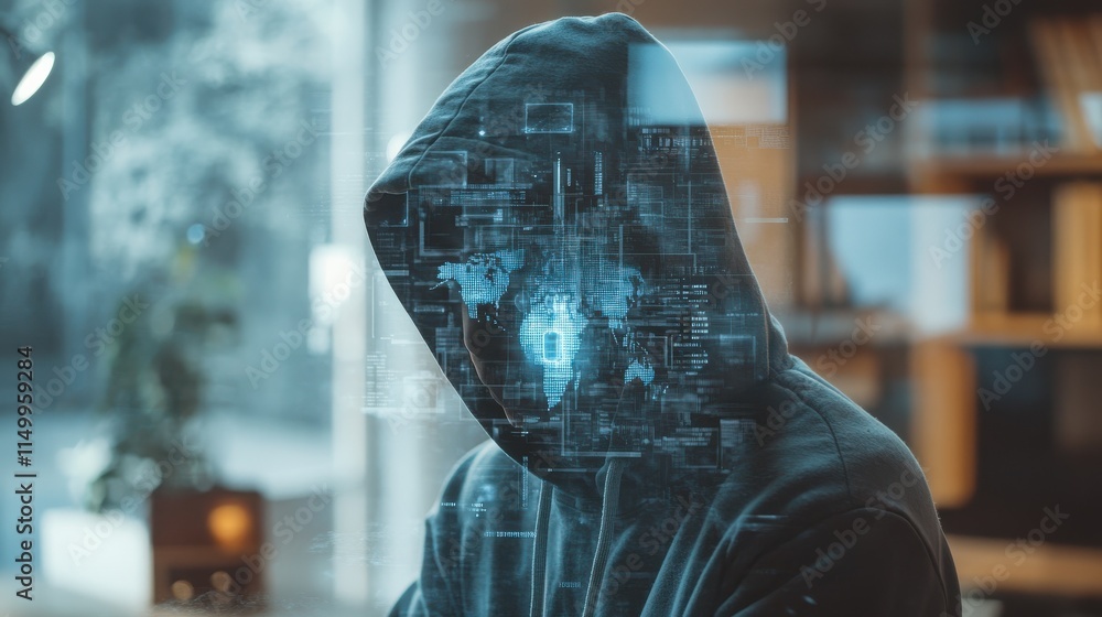 Poster hacker in hoodie using abstract digital padlock and map hologram on blurry office interior backgroun