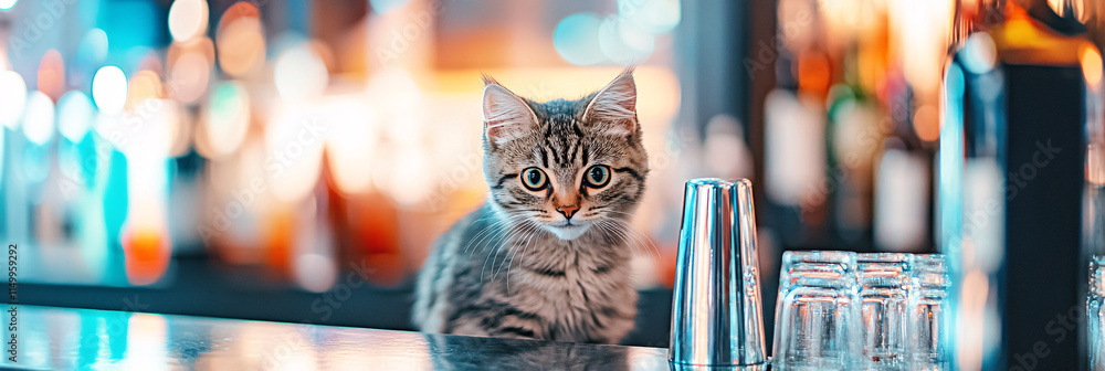 Poster a whimsical cat at a luxurious office bar, with colorful, abstract shapes representing the social dy