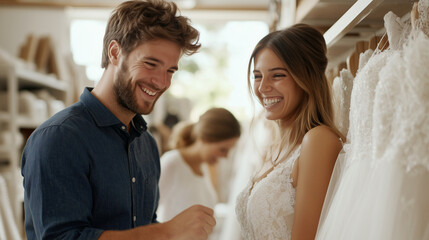Obraz premium portrait of a girl and couples looking for a wedding dress,