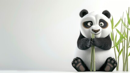 Naklejka premium A cartoon panda sitting and eating bamboo.