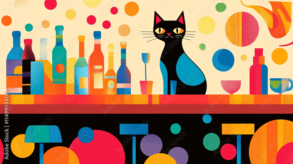 Poster a whimsical cat at a luxurious office bar, with colorful, abstract shapes representing the social dy