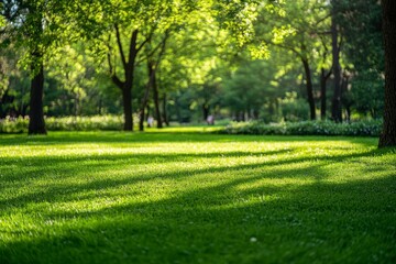 Obraz premium Lush green park with sunlight dappling through trees.