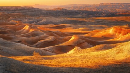 Naklejka premium Golden Sunset Hues Over Undulating Desert Landscape