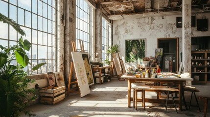 Fototapeta premium Creative art studio space urban loft photography bright natural light wide angle inspiration and design