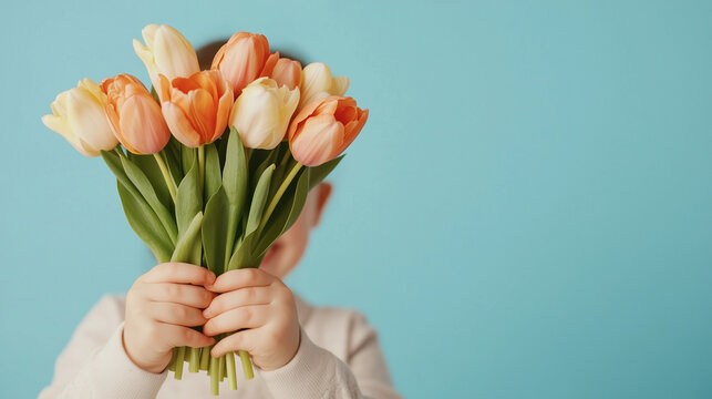 kleiner junge mit tulpenstrau&Atilde; zum muttertag