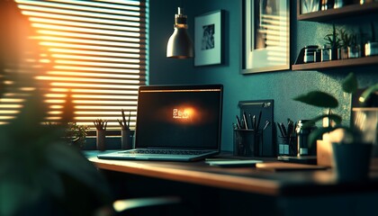 interior of a cafe, A Modern Workspace with a Laptop and Notebook, Clean and Organized, with Vibrant Natural Light Streaming Through for Productive Work Environment and Office Decor Inspiration