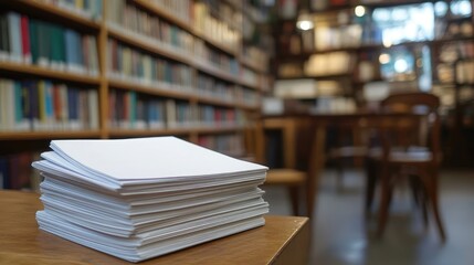 Stack of blank paper in a library setting.