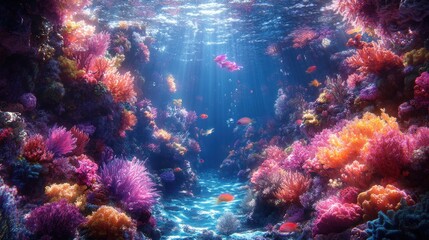 Obraz premium Vibrant coral reef, colorful fish, underwater scene.